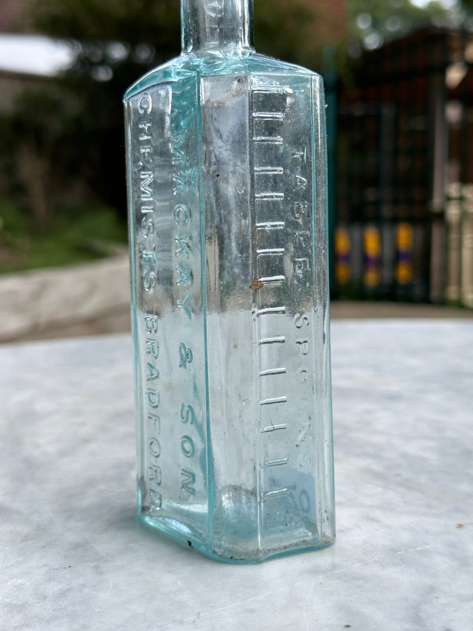 Mackay & Son Chemists Bradford Antique Aqua Blue Glass Bottle - Vintage Glass BottleThe Furniture Recycling ShopBottle