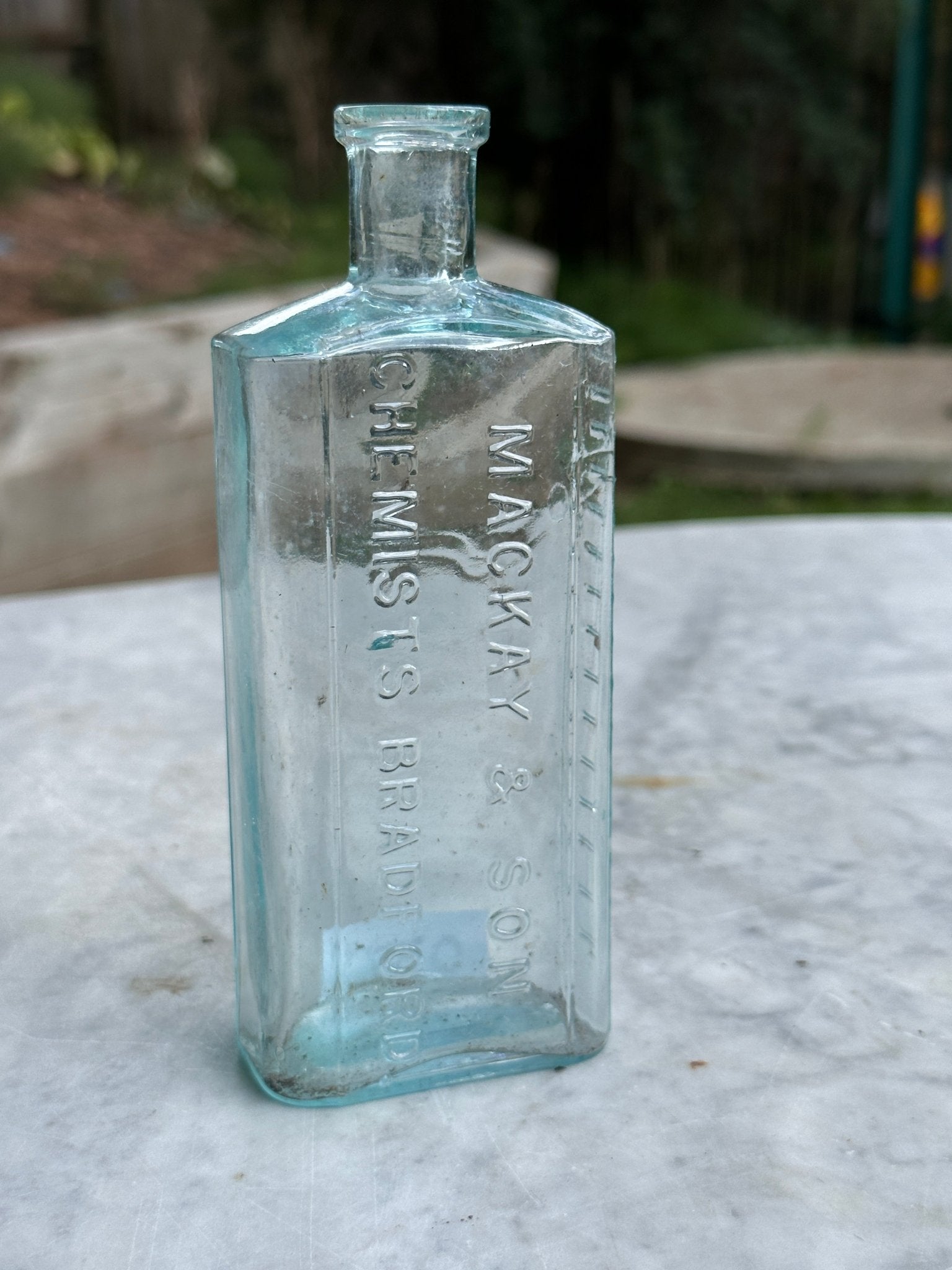 Mackay & Son Chemists Bradford Antique Aqua Blue Glass Bottle - Vintage Glass BottleThe Furniture Recycling ShopBottle