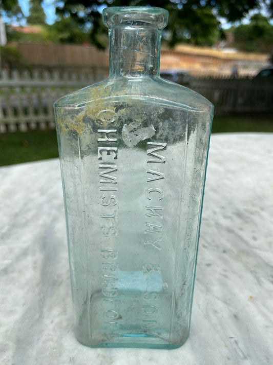 Mackay & Son Chemists Bradford Antique Aqua Blue Glass Bottle - Vintage Glass BottleThe Furniture Recycling ShopBottle