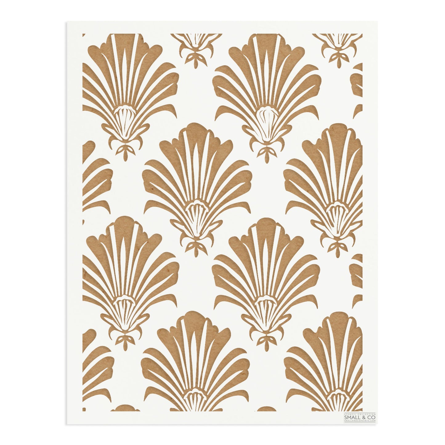 Majesty Shell vintage seashell stencil by Small & Co – reusable coastal furniture and wall stencil with shell pattern, perfect for shabby chic interiors, cottagecore, DIY upcycling, fabric printing, crafts and decorative painting.