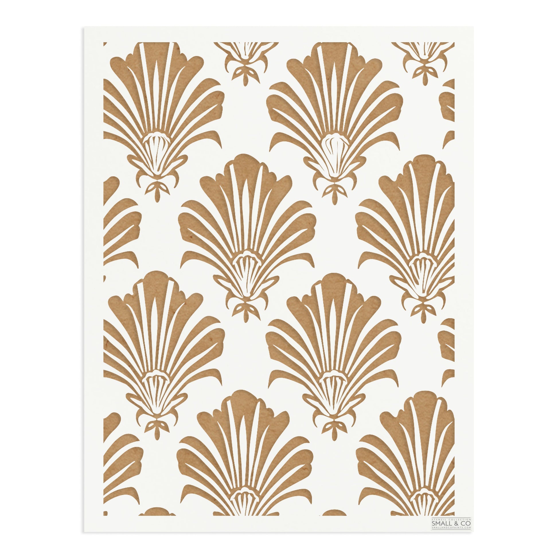 Majesty Shell vintage seashell stencil by Small & Co – reusable coastal furniture and wall stencil with shell pattern, perfect for shabby chic interiors, cottagecore, DIY upcycling, fabric printing, crafts and decorative painting.