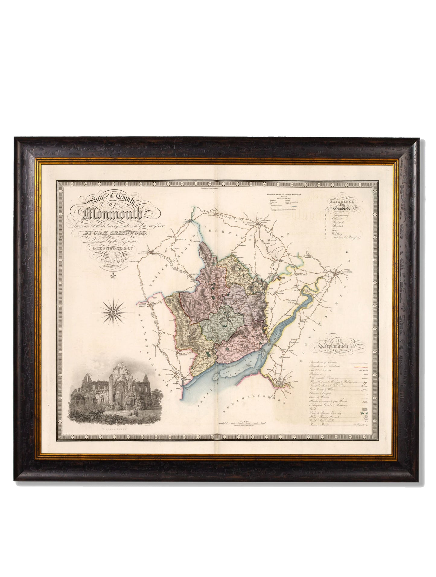 c 1830 map of the county of bedford in size 70 x 84cm - glass-fronted framed wall art print with solid wood frame, perfect for luxury home decor
