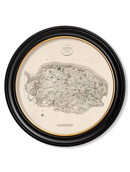  of c 1806 county maps of england round in size 70 x 70cm - glass-fronted framed wall art print with solid wood frame, designed for high-end interior design