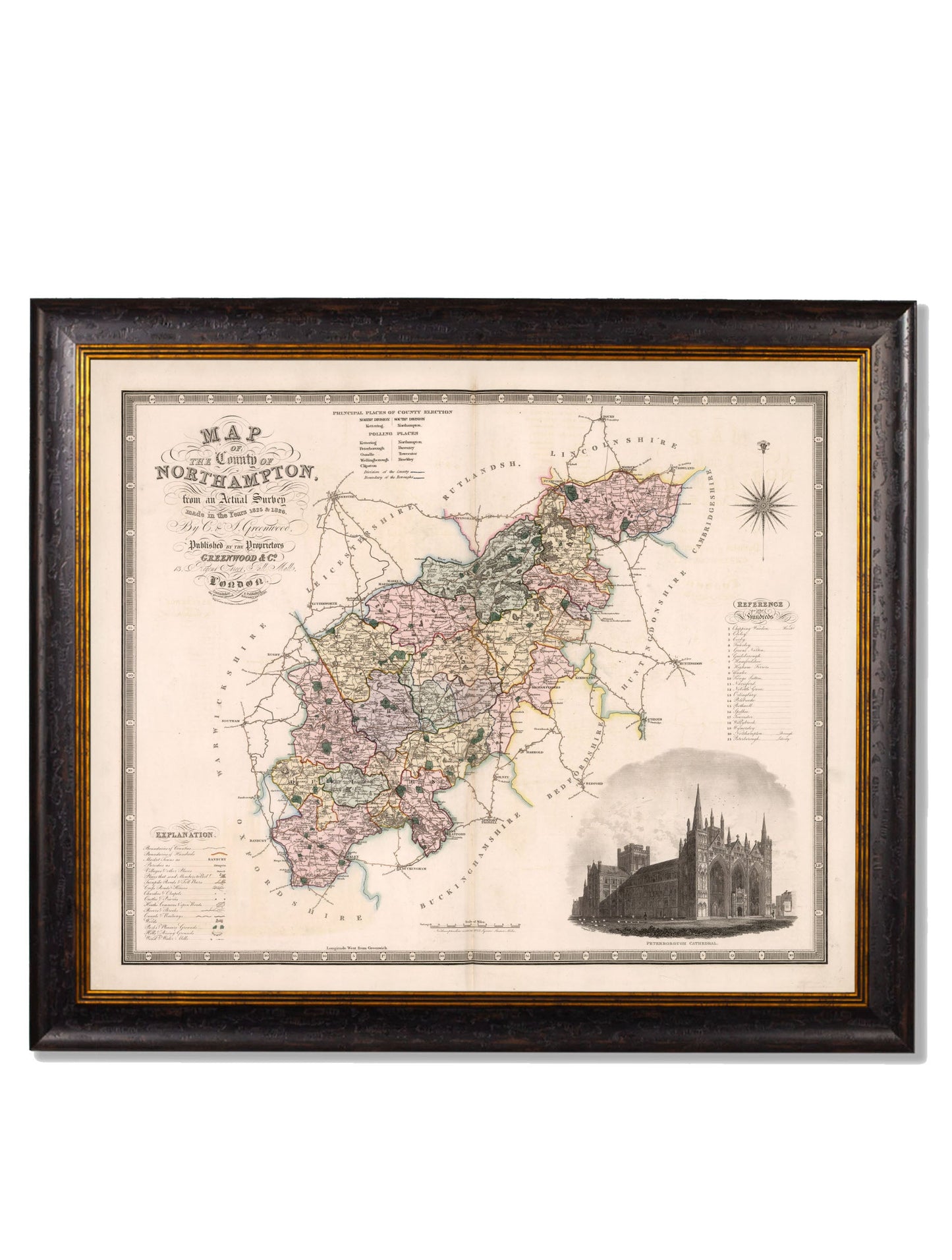 c 1830 map of the county of bedford in size 70 x 84cm - glass-fronted framed wall art print with solid wood frame, designed for high-end interior design