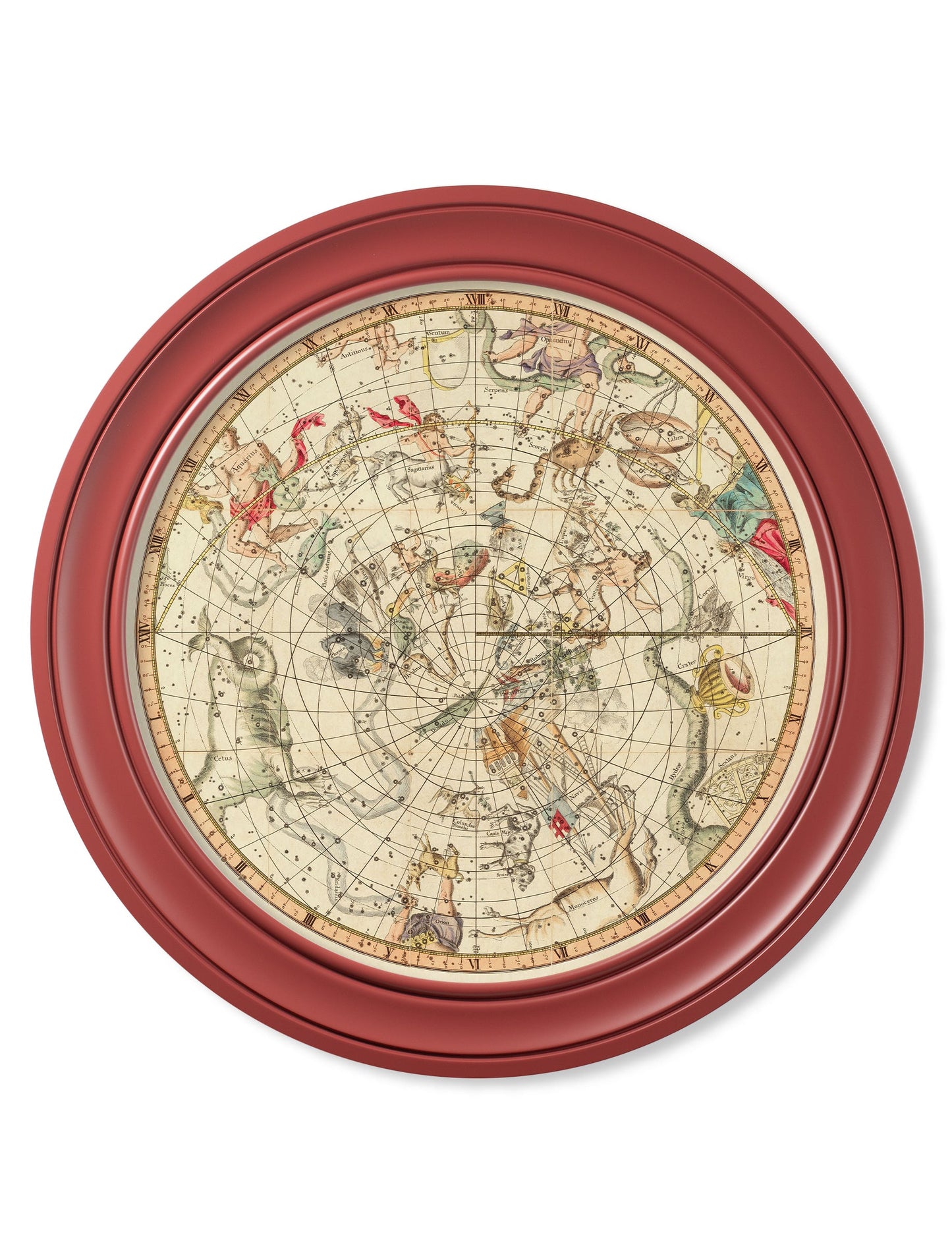 c 1820 map of constellations round frame red in size 70 x 70cm - glass-fronted framed wall art print with solid wood frame, perfect for statement wall decor