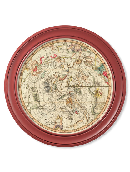 c 1820 map of constellations round frame red in size 70 x 70cm - glass-fronted framed wall art print with solid wood frame, perfect for statement wall decor