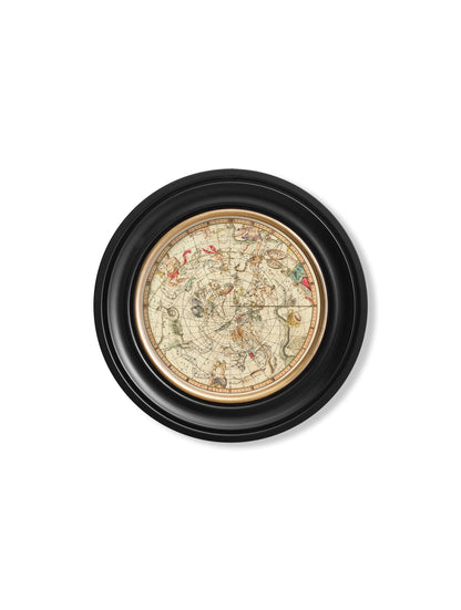 c 1820 map of constellations round frame in size 70 x 70cm - glass-fronted framed wall art print with solid wood frame, luxury wall art for sophisticated spaces