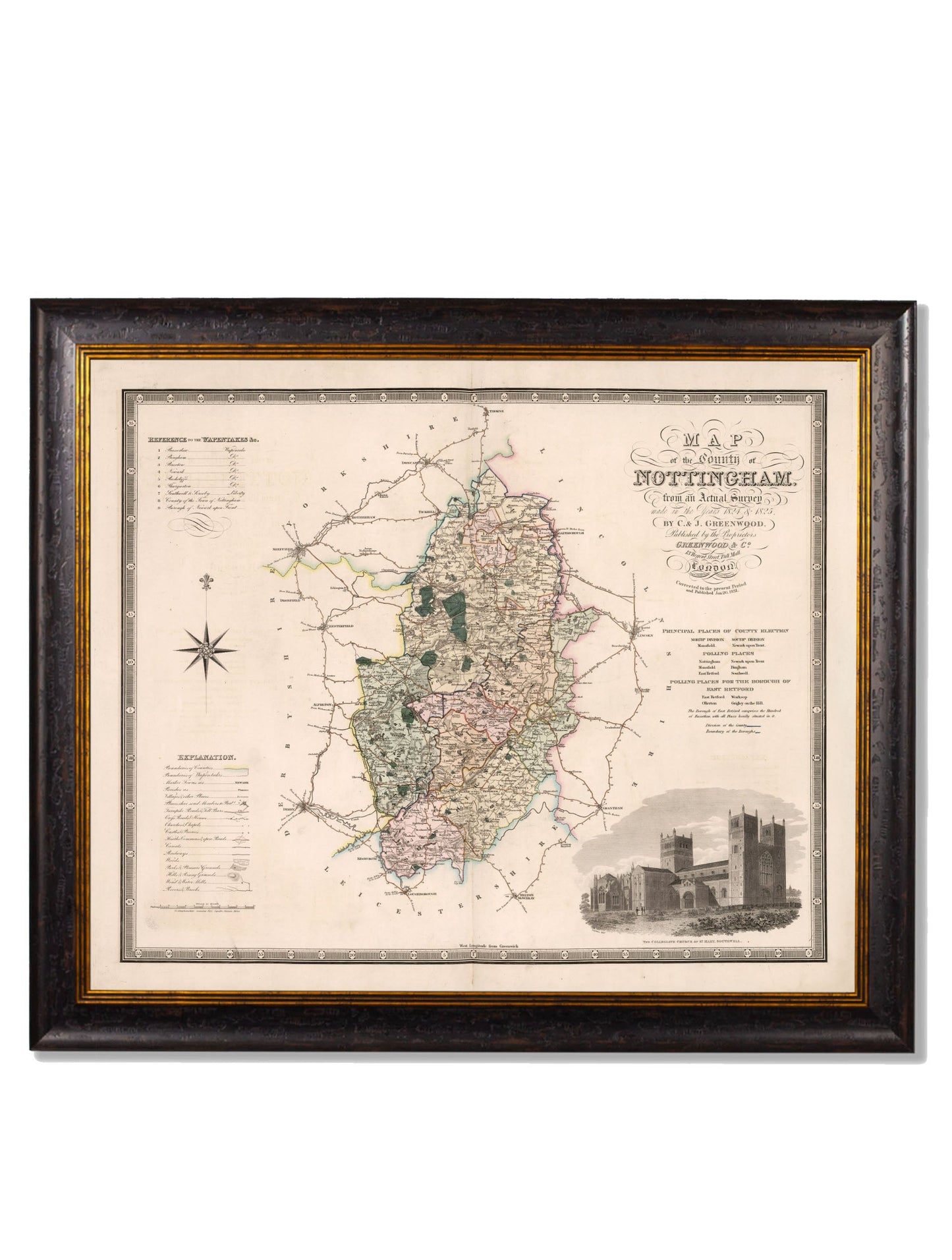 c 1830 map of the county of bedford in size 70 x 84cm - glass-fronted framed wall art print with solid wood frame, adds elegance to your decor
