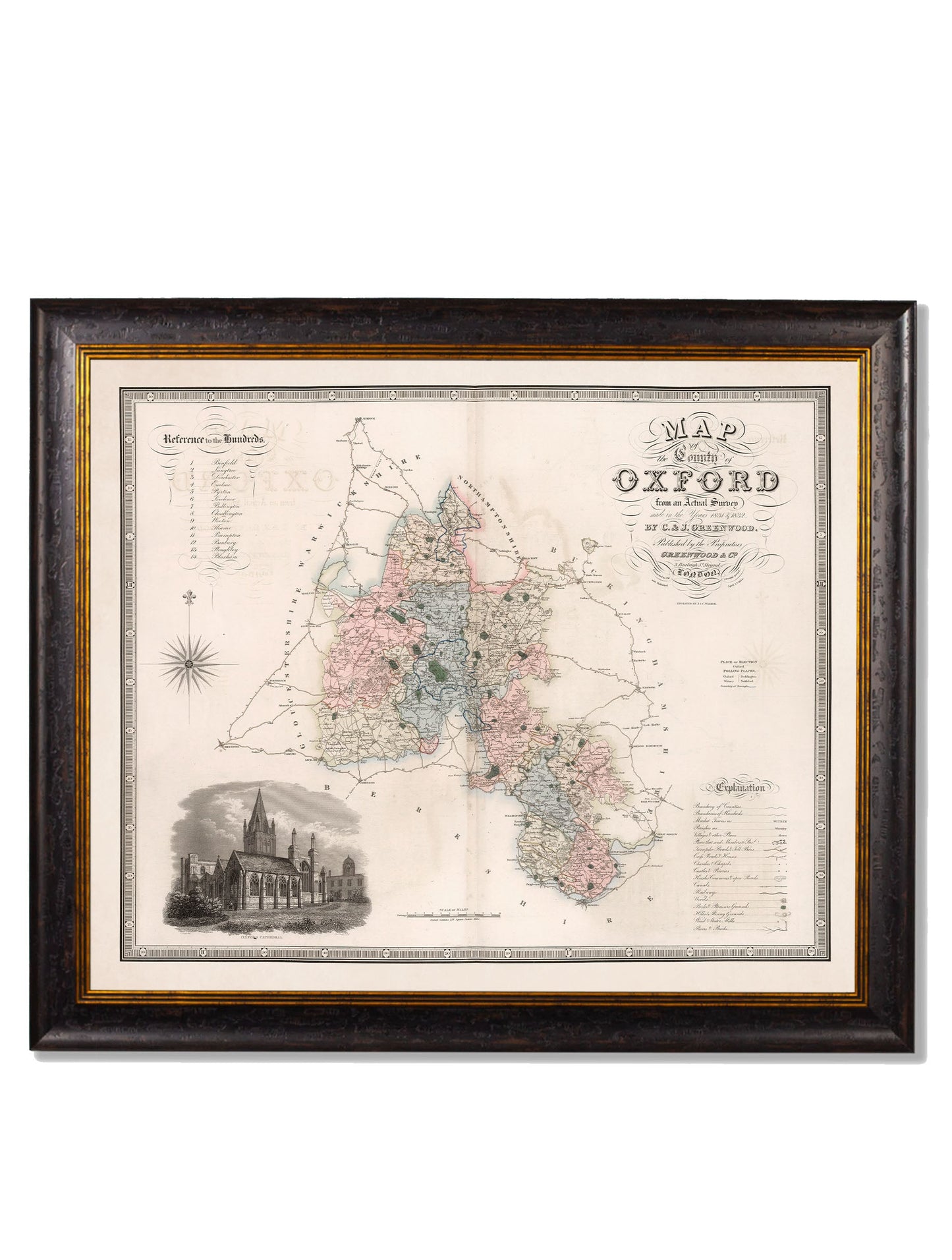 c 1830 map of the county of bedford in size 70 x 84cm - glass-fronted framed wall art print with solid wood frame, a beautiful addition to stylish homes