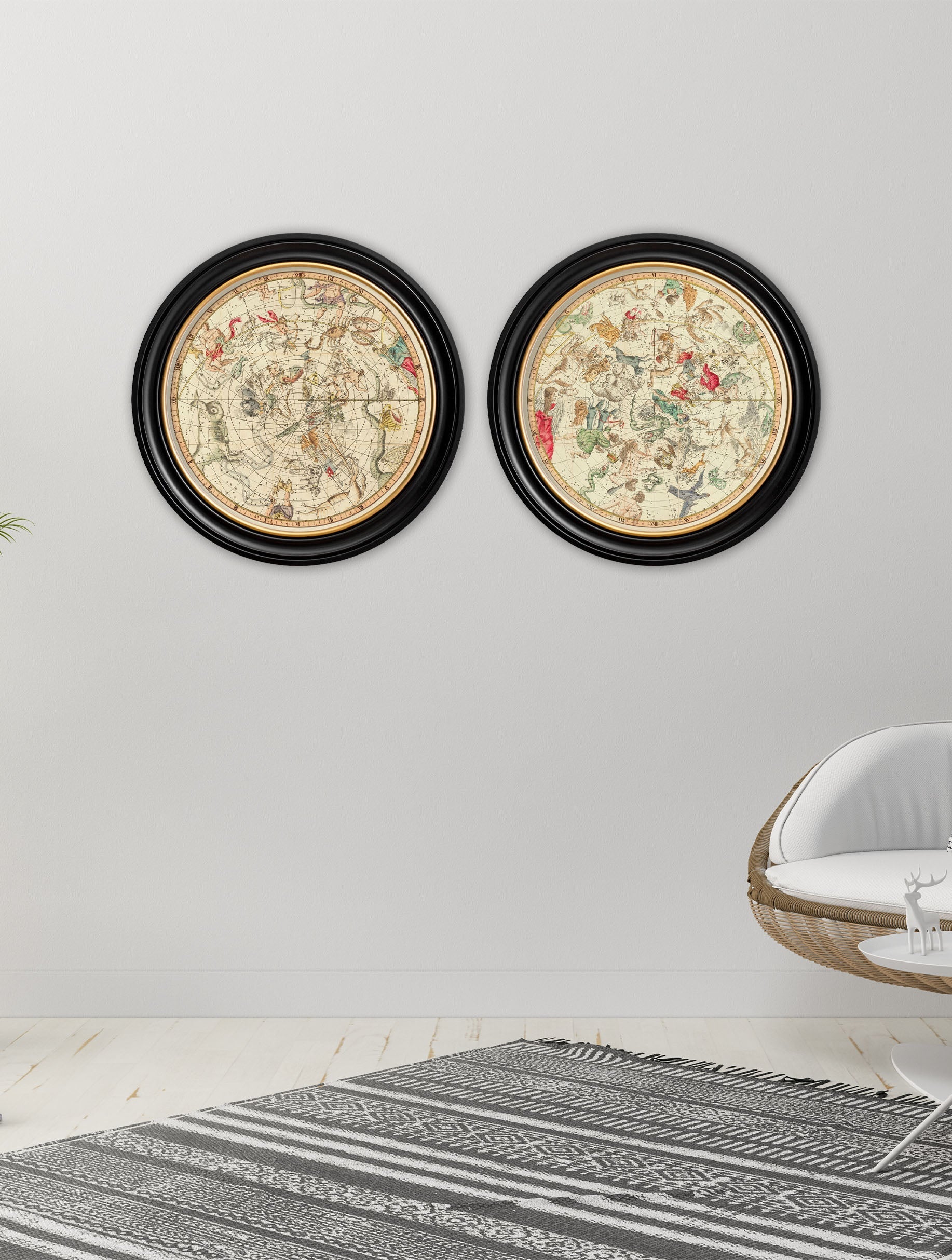 c 1820 map of constellations round frame in size 44 x 44cm - glass-fronted framed wall art print with solid wood frame, adds elegance to your decor