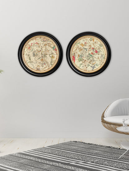 c 1820 map of constellations round frame in size 44 x 44cm - glass-fronted framed wall art print with solid wood frame, adds elegance to your decor