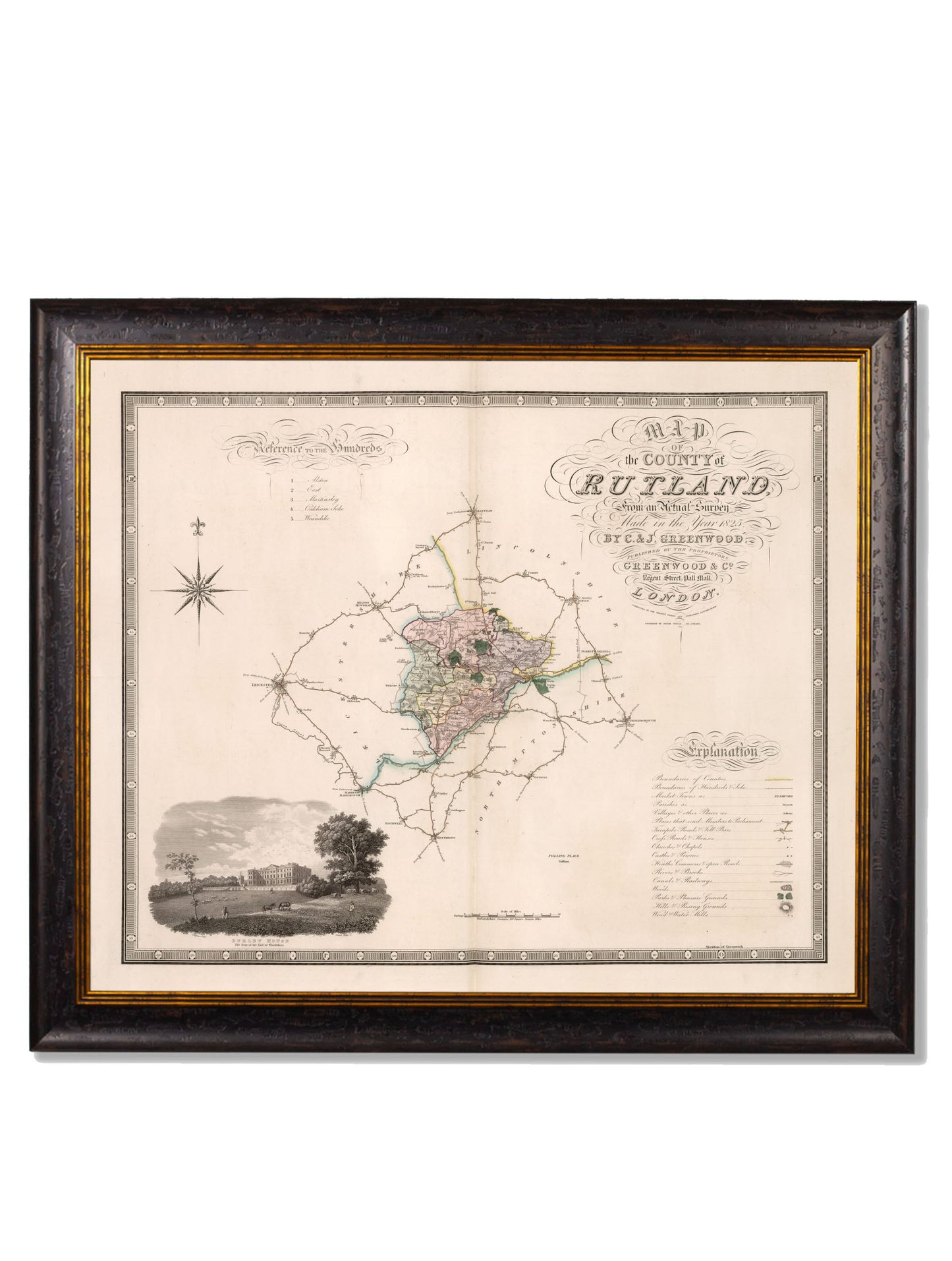 c 1830 map of the county of bedford in size 70 x 84cm - glass-fronted framed wall art print with solid wood frame, ideal for contemporary home styling
