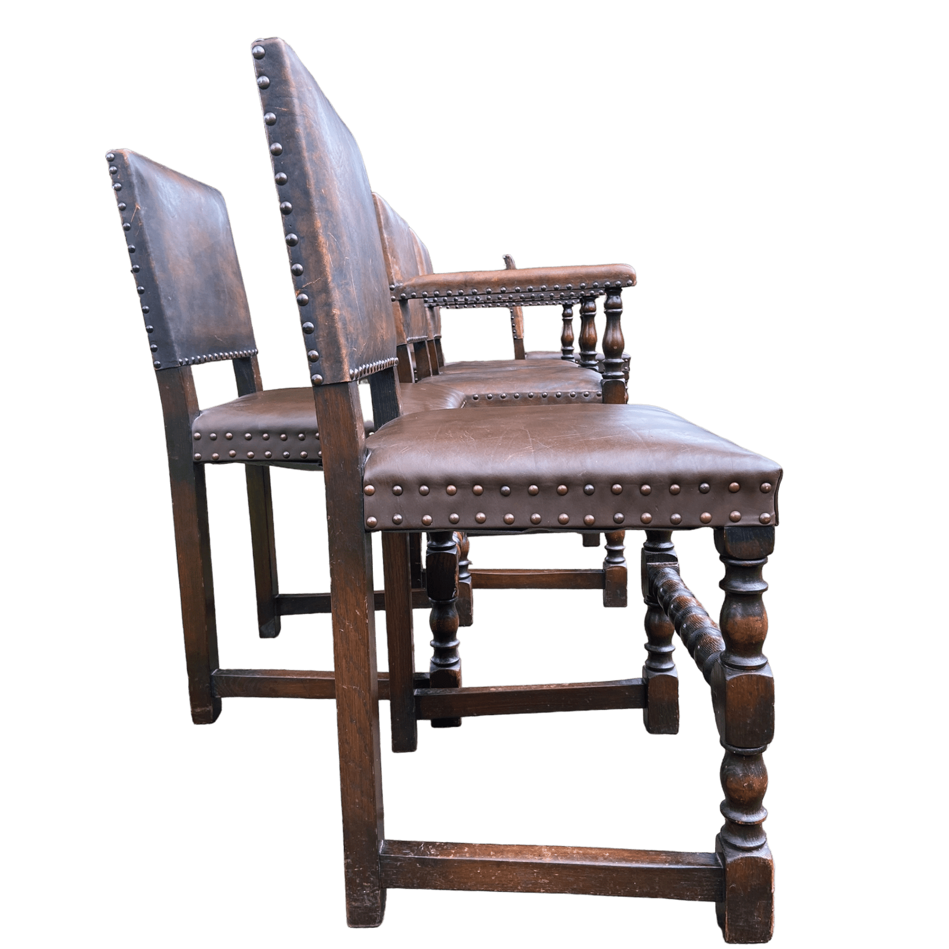 Set of Jacobean Style Gothic Oak and Leather Dining Chairs