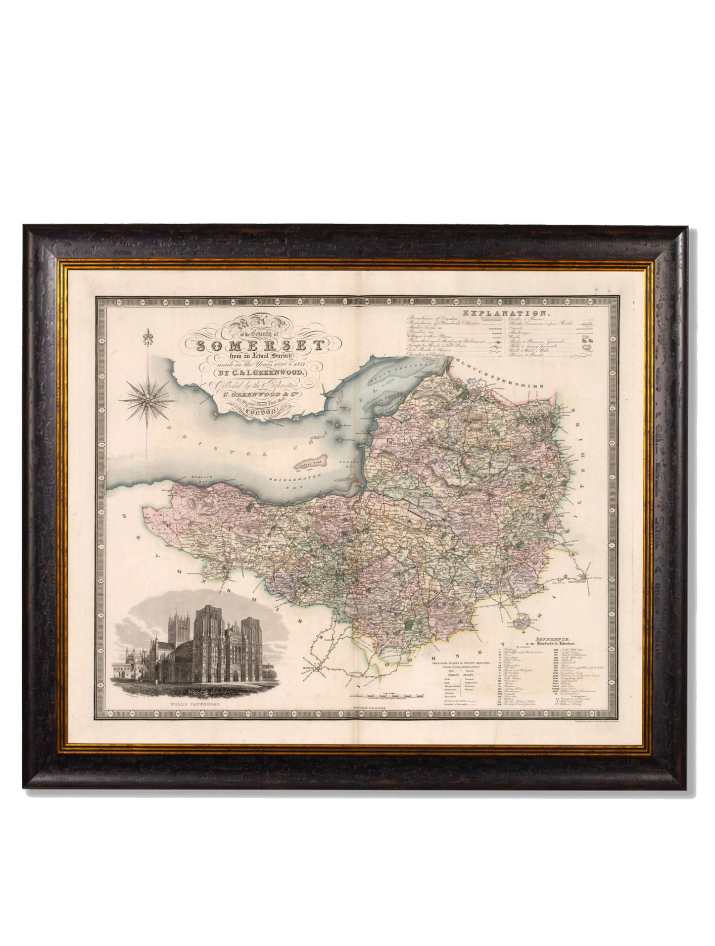c 1830 map of the county of bedford in size 70 x 84cm - glass-fronted framed wall art print with solid wood frame, perfect for luxury home decor