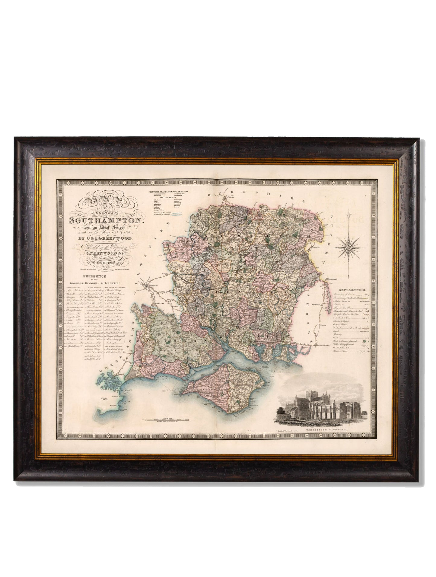 c 1830 map of the county of bedford in size 70 x 84cm - glass-fronted framed wall art print with solid wood frame, ideal for contemporary home styling