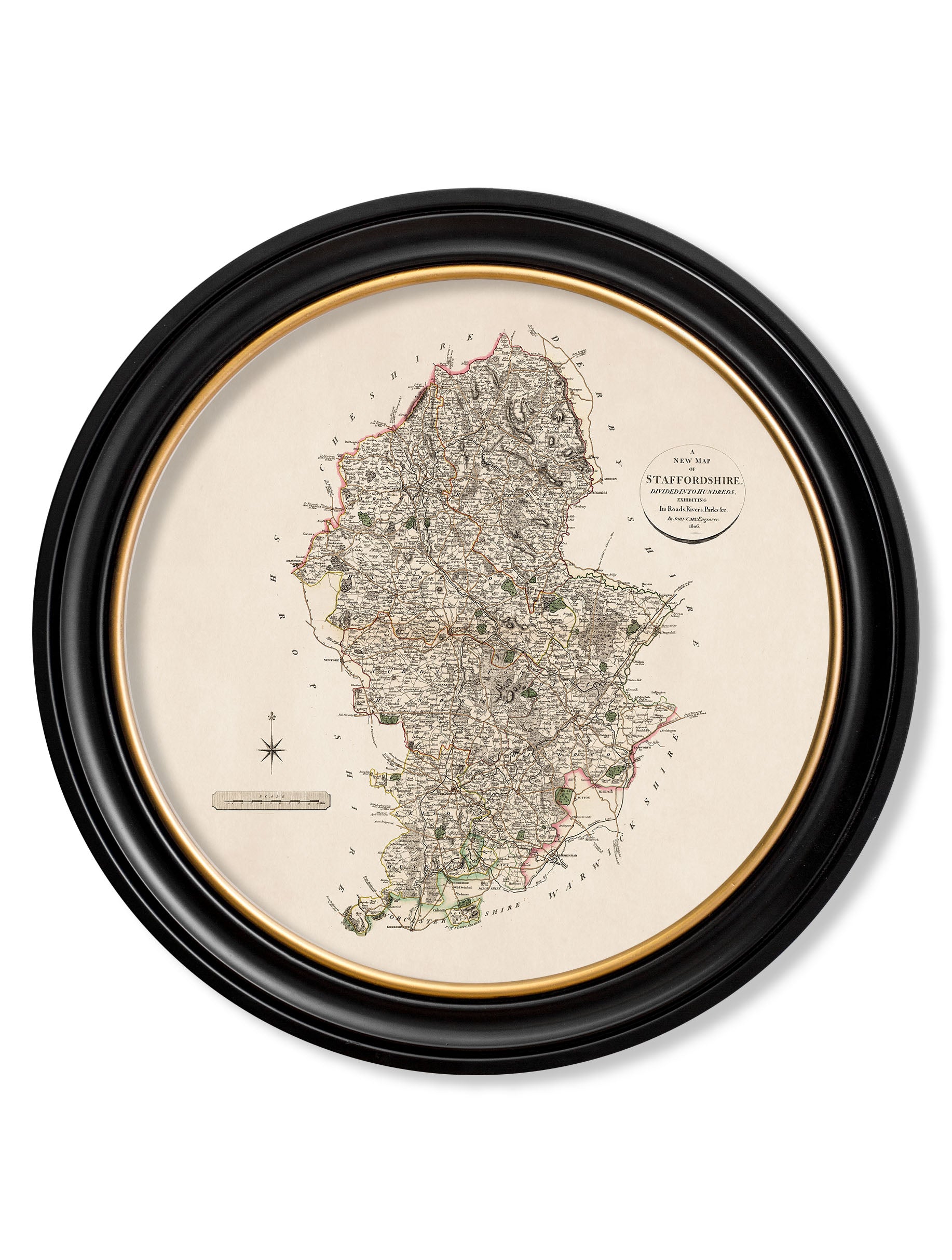  of c 1806 county maps of england round in size 70 x 70cm - glass-fronted framed wall art print with solid wood frame, a beautiful addition to stylish homes