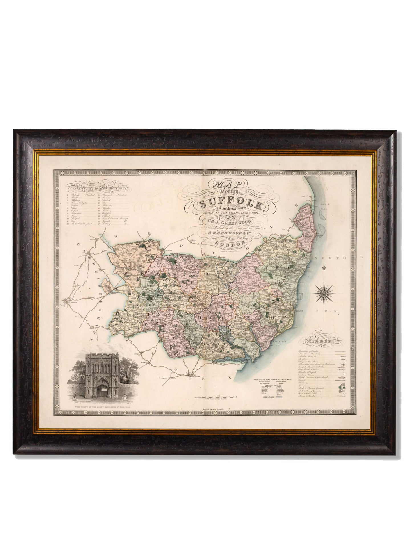 c 1830 map of the county of bedford in size 70 x 84cm - glass-fronted framed wall art print with solid wood frame, a beautiful addition to stylish homes