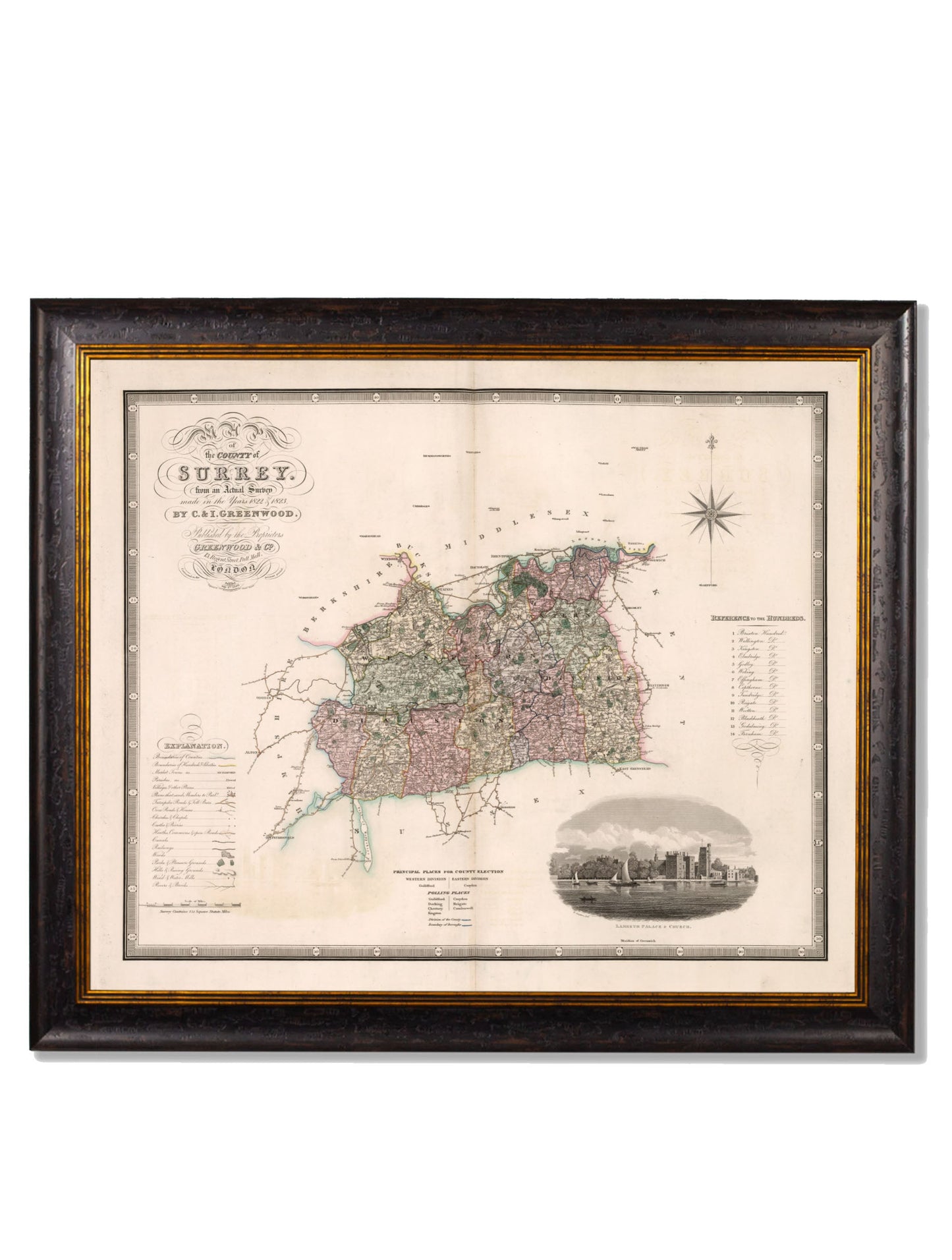 c 1830 map of the county of bedford in size 70 x 84cm - glass-fronted framed wall art print with solid wood frame, luxury wall art for sophisticated spaces