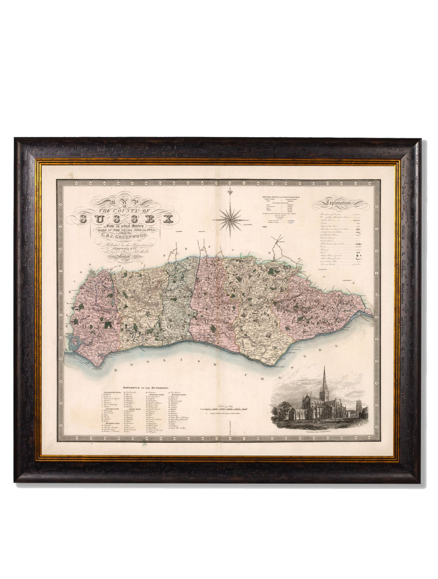 c 1830 map of the county of bedford in size 70 x 84cm - glass-fronted framed wall art print with solid wood frame, adds elegance to your decor