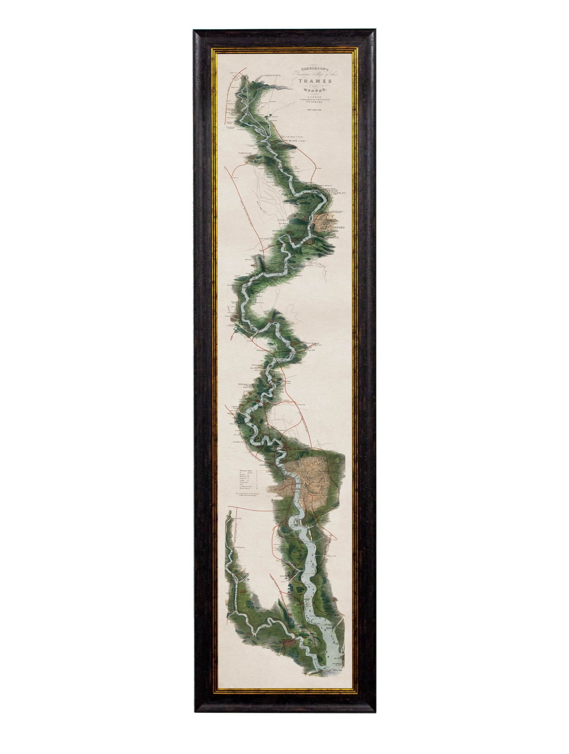 c.1834 Panoramic Map of the River Thames in size 160 x 44 cm - glass-fronted framed wall art print with solid wood frame, perfect for statement wall decor