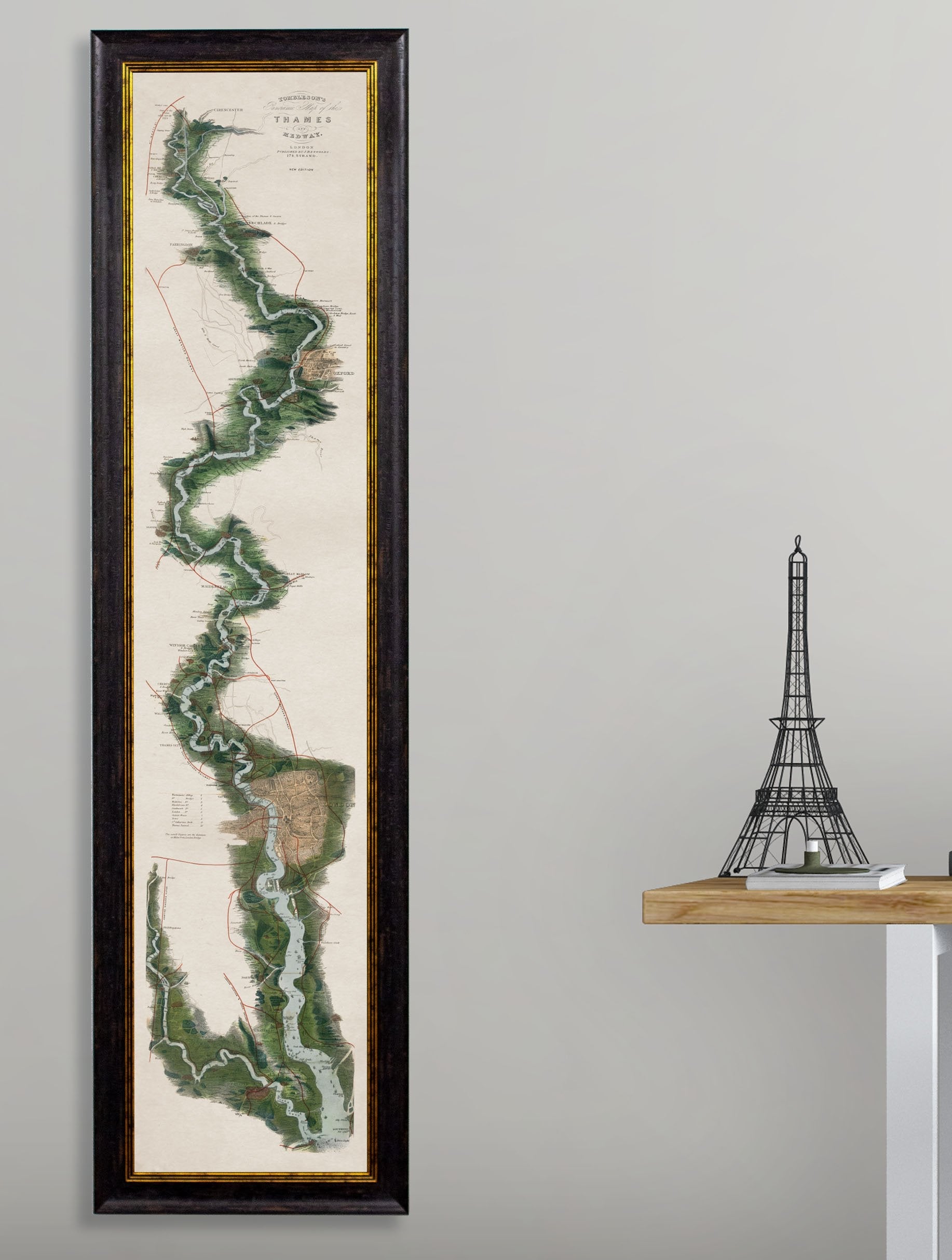 c 1834 panoramic map of the thames - premium glass-fronted framed art print with solid wood frame, perfect for statement wall decor