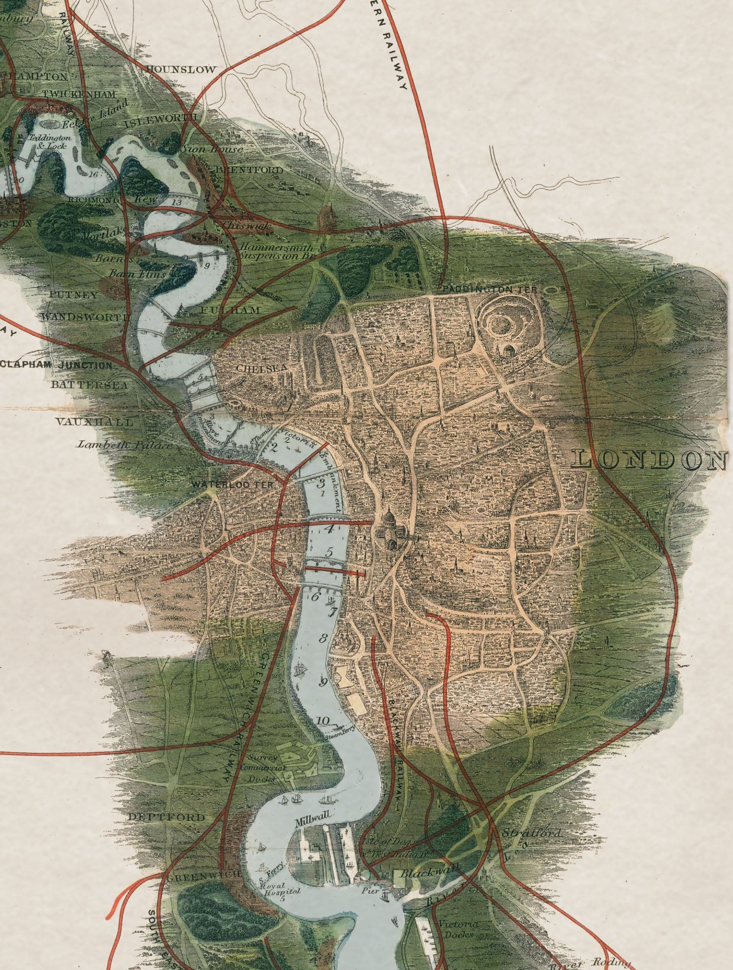 c 1834 panoramic map of the thames - premium glass-fronted framed art print with solid wood frame, designed for high-end interior design