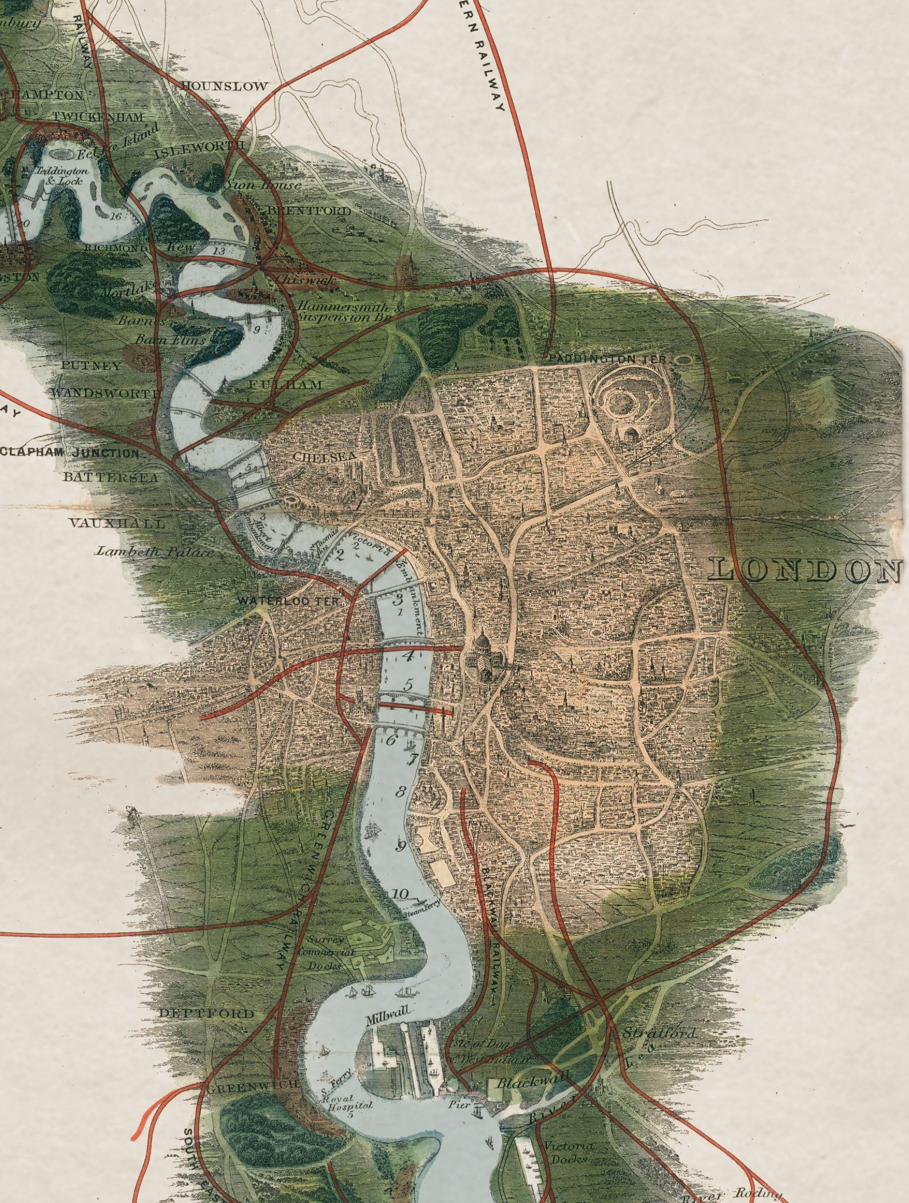 c 1834 panoramic map of the thames - premium glass-fronted framed art print with solid wood frame, designed for high-end interior design