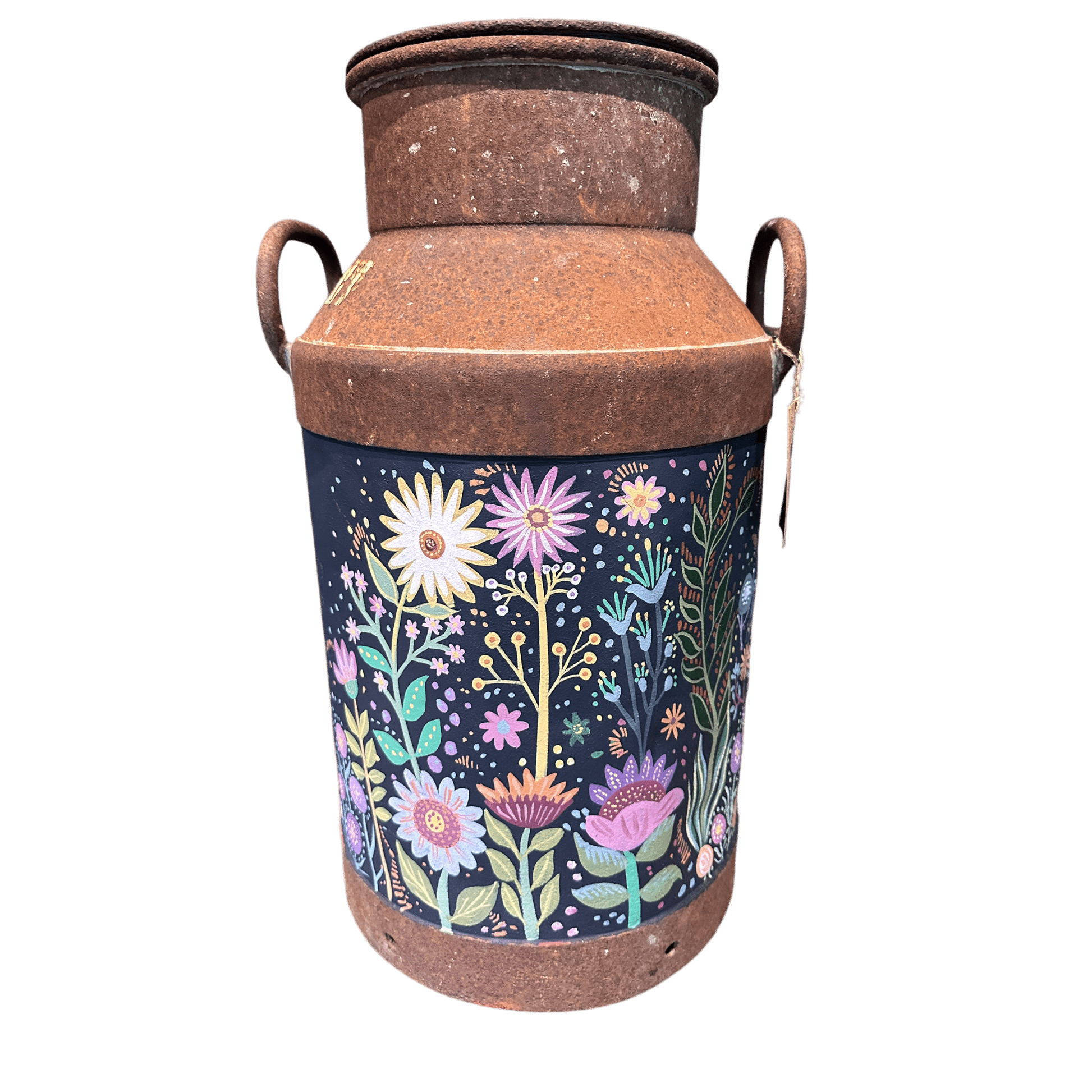 Vintage Metal Milk Churn With Hand Painted Floral PatternsThe Furniture Recycling Shop