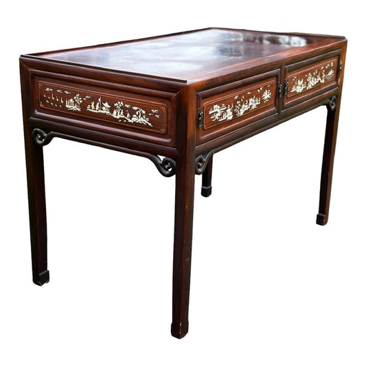 Vintage Rosewood Chinese Writing Desk Console Table With Inlaid Detailing Front and BackThe Furniture Recycling ShopFurniture