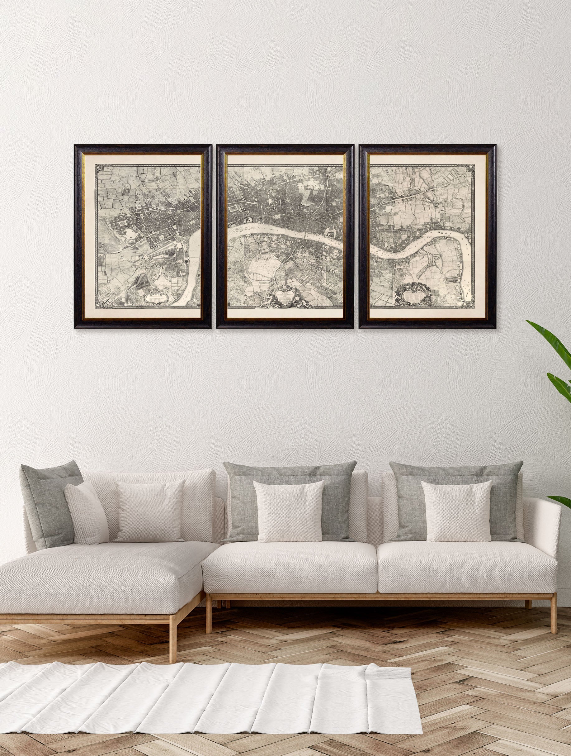 c 1746 london triptych map in size 150cm x 67cm - glass-fronted framed wall art print with solid wood frame, luxury wall art for sophisticated spaces