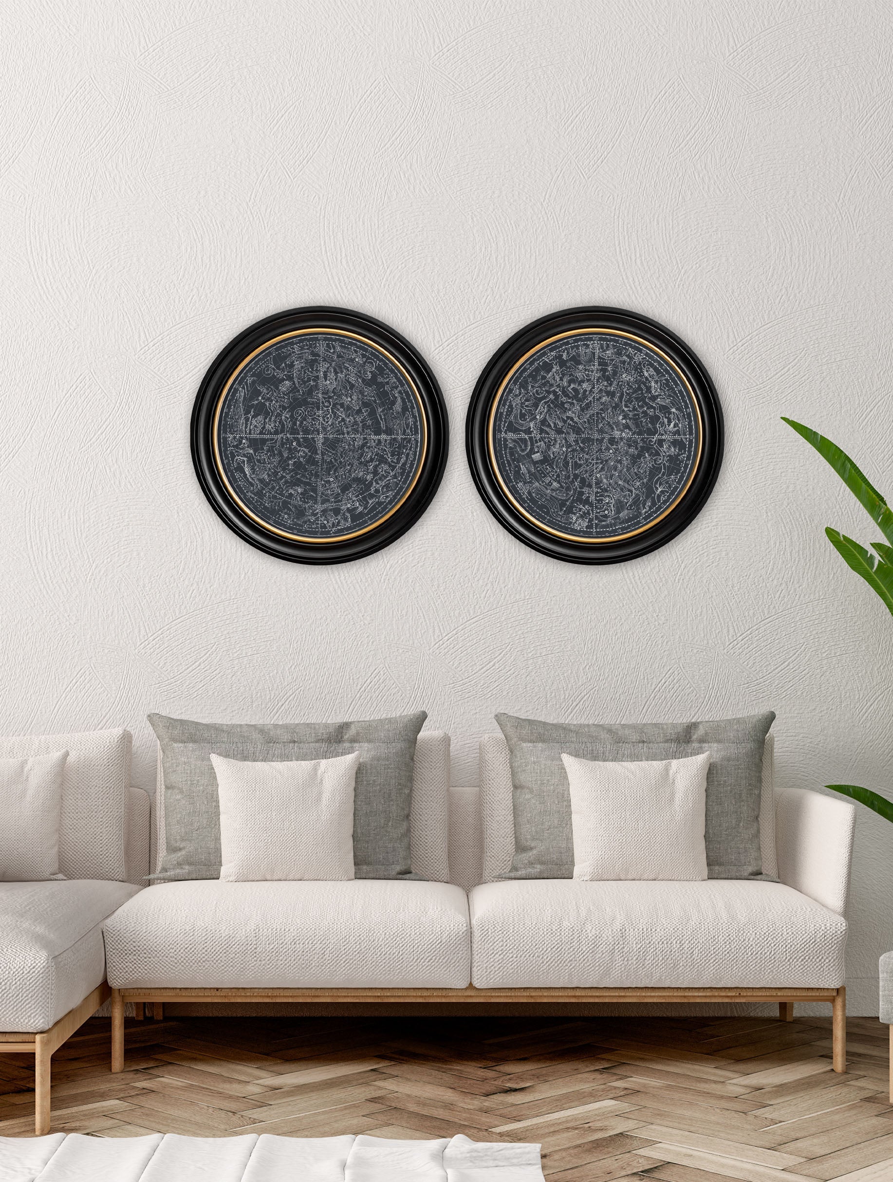 c 1800 map of constellations round frame in size 44 x 44cm - glass-fronted framed wall art print with solid wood frame, ideal for contemporary home styling