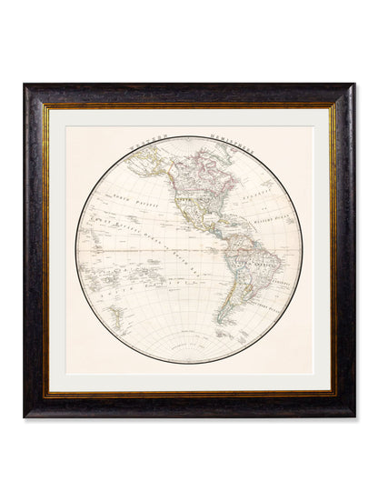 c 1838 world map hemispheres in size 96 x 96cm - glass-fronted framed wall art print with solid wood frame, a beautiful addition to stylish homes
