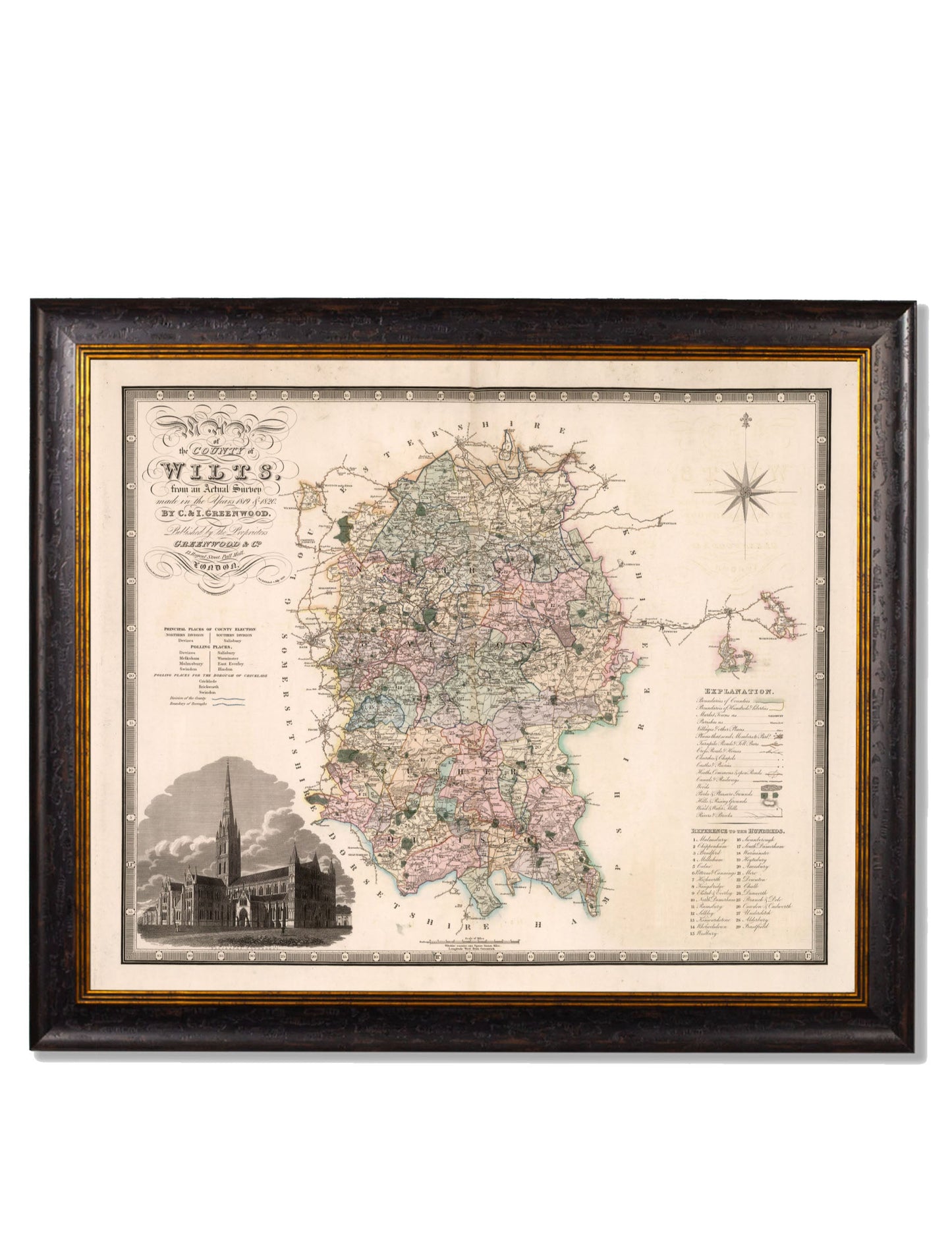 c 1830 map of the county of bedford in size 70 x 84cm - glass-fronted framed wall art print with solid wood frame, designed for high-end interior design