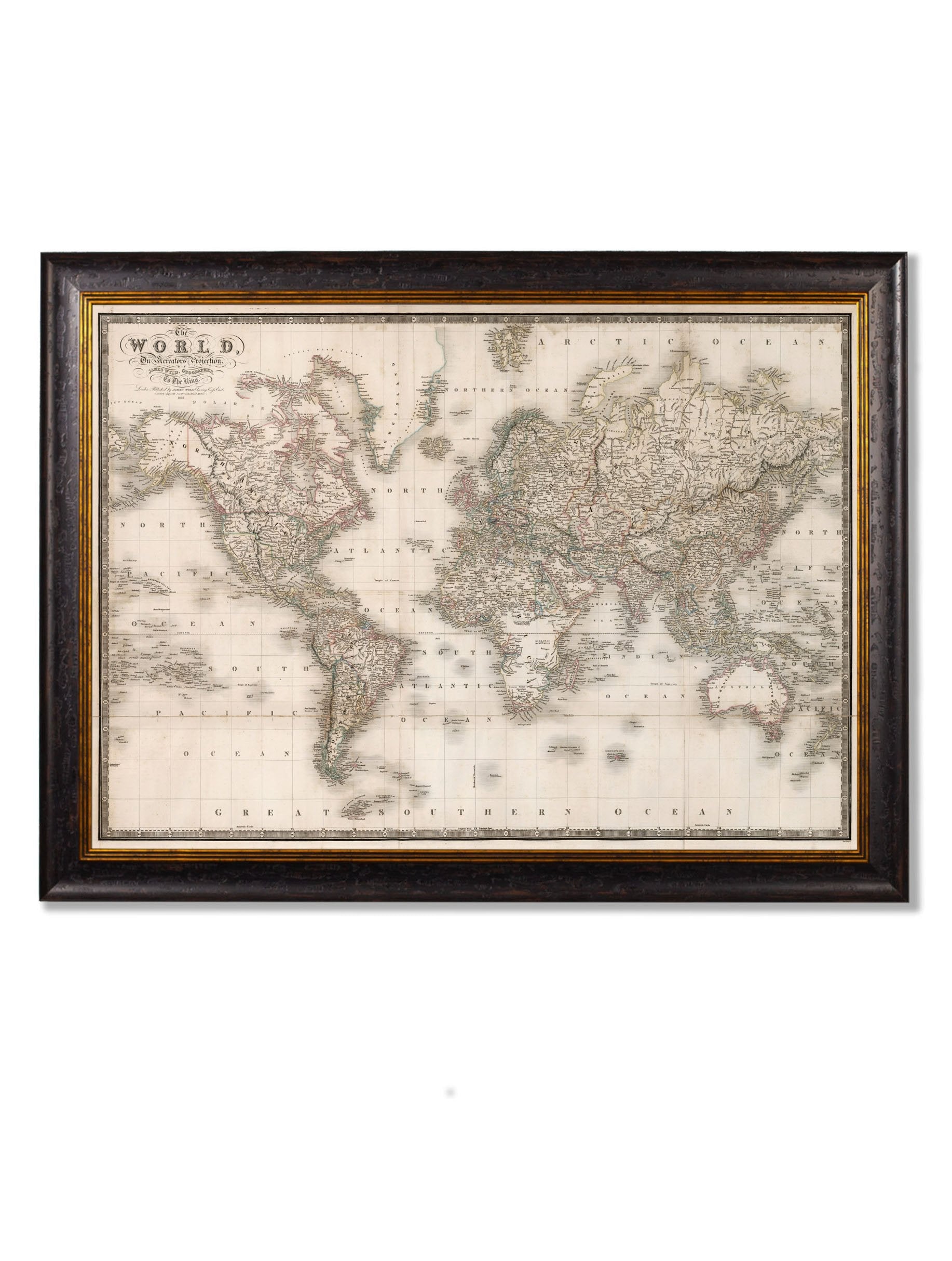 c.1838 Map of The World in size 70 x 95cm - glass-fronted framed wall art print with solid wood frame, perfect for luxury home decor