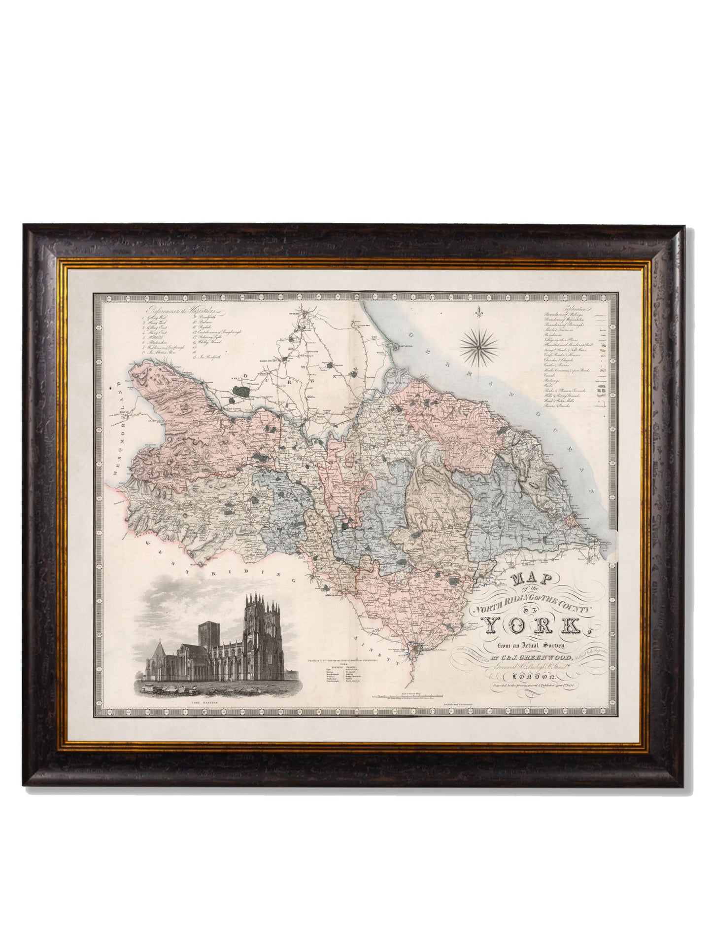 c 1830 map of the county of bedford - premium glass-fronted framed art print with solid wood frame, ideal for contemporary home styling
