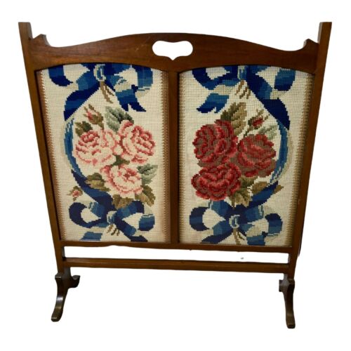 Vintage Mahogany Embroidered Fire Screen