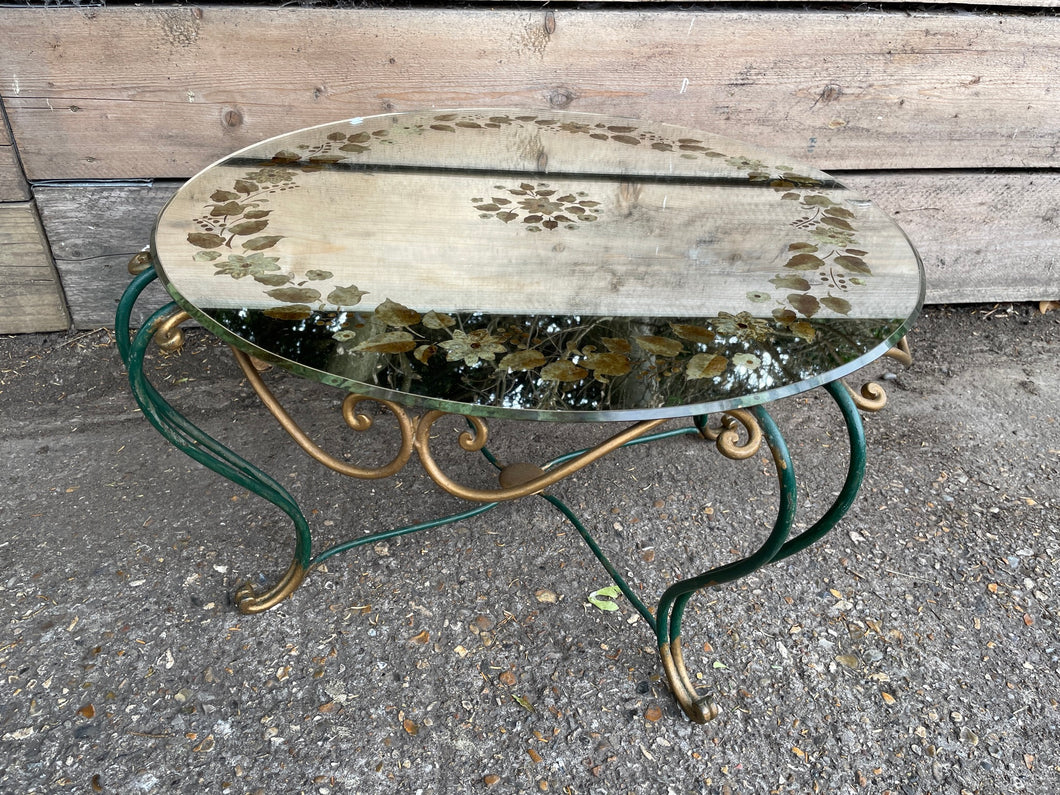 Retro Round / Circular Mirror Top Coffee Table With Floral Motif Decoration and Metal Base