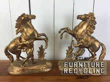 Load image into Gallery viewer, Pair of Gold Coloured Reproduction Metal Marley Horses. Equestrian Figures. 
