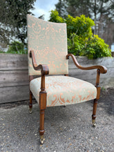 Load image into Gallery viewer, Tall Straight Backed Upright Solid Wood Framed Green Upholstered Armchair
