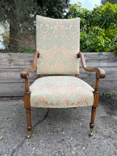 Load image into Gallery viewer, Tall Straight Backed Upright Solid Wood Framed Green Upholstered Armchair
