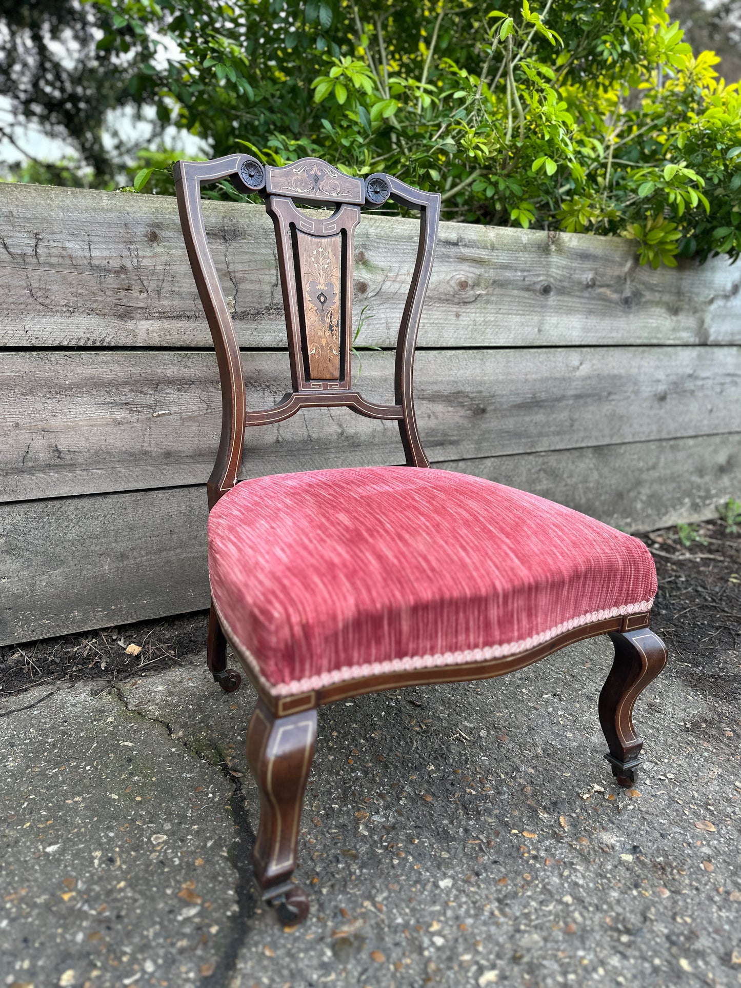 Low Edwardian Occasional Bedroom Chair With Intricate Inlay Detail And Red Upholstered Seat