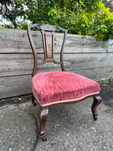 Load image into Gallery viewer, Low Edwardian Occasional Bedroom Chair With Intricate Inlay Detail And Red Upholstered Seat
