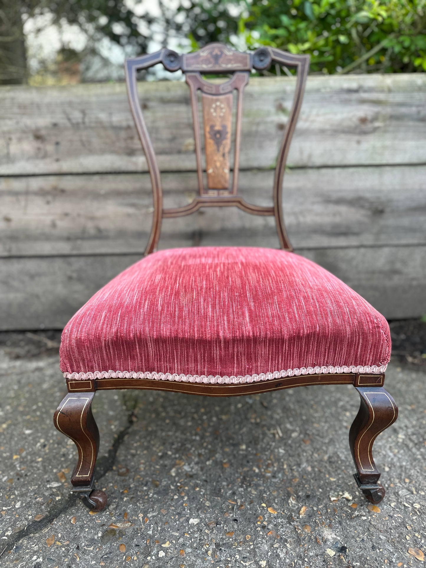 Low Edwardian Occasional Bedroom Chair With Intricate Inlay Detail And Red Upholstered Seat