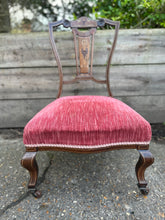 Load image into Gallery viewer, Low Edwardian Occasional Bedroom Chair With Intricate Inlay Detail And Red Upholstered Seat
