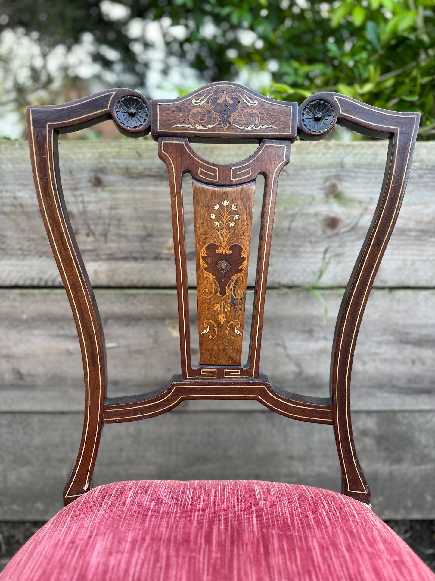Low Edwardian Occasional Bedroom Chair With Intricate Inlay Detail And Red Upholstered Seat