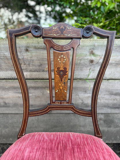 Low Edwardian Occasional Bedroom Chair With Intricate Inlay Detail And Red Upholstered Seat