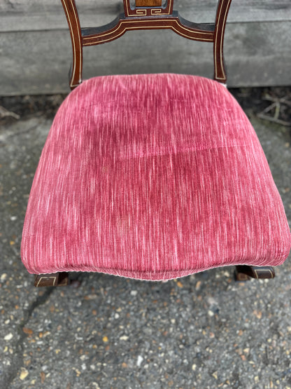 Low Edwardian Occasional Bedroom Chair With Intricate Inlay Detail And Red Upholstered Seat