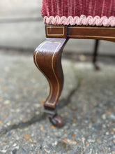 Load image into Gallery viewer, Low Edwardian Occasional Bedroom Chair With Intricate Inlay Detail And Red Upholstered Seat
