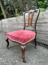 Load image into Gallery viewer, Low Edwardian Occasional Bedroom Chair With Intricate Inlay Detail And Red Upholstered Seat
