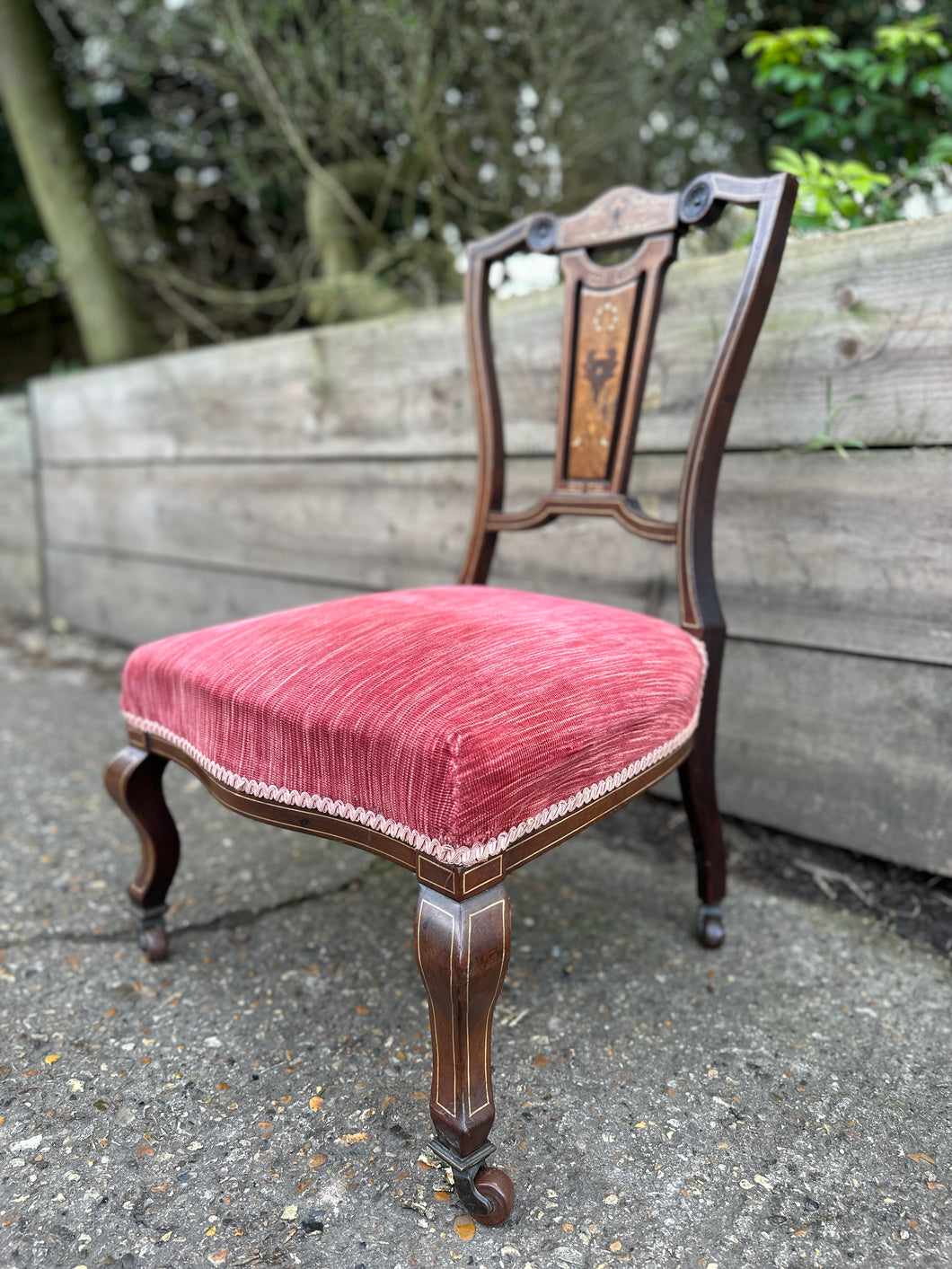 Low Edwardian Occasional Bedroom Chair With Intricate Inlay Detail And Red Upholstered Seat
